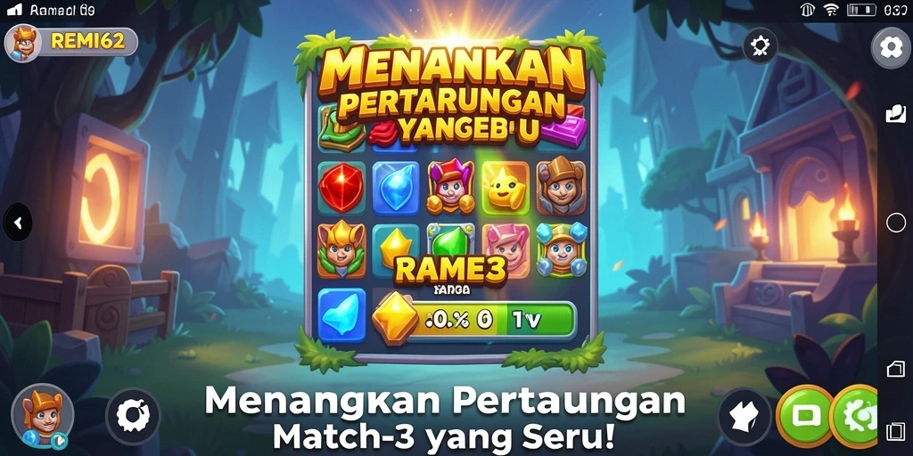 Screenshot utama REMI62 menunjukkan gameplay Match-3 yang seru dan penuh warna.